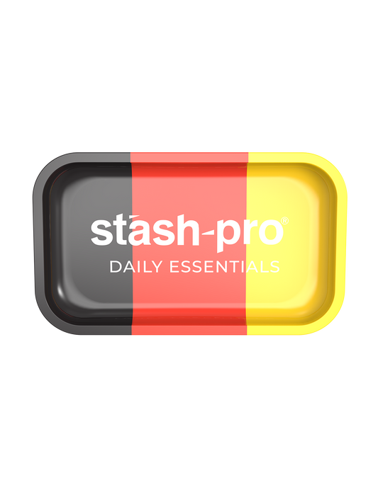 Colorful tray with 'stash-pro' branding on a white background